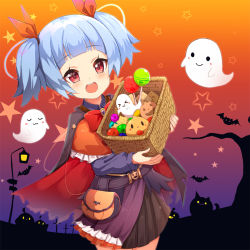 Rule 34 | 1girl, :d, ame., animal, azur lane, basket, belt, bird, black cape, black shirt, black skirt, blue hair, blush, candy, cape, cat, checkerboard cookie, chick, commentary request, cookie, food, ghost, hair ribbon, holding, holding basket, jack-o&#039;-lantern, lollipop, long sleeves, looking at viewer, manjuu (azur lane), multicolored cape, multicolored clothes, open mouth, pleated skirt, red cape, red eyes, red ribbon, ribbon, round teeth, shirt, sidelocks, skirt, smile, solo, star (symbol), teeth, torn cape, torn clothes, twintails, two-sided cape, two-sided fabric, u-556 (azur lane), upper teeth only