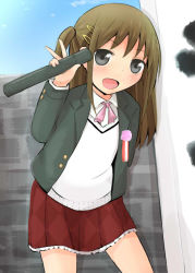 Rule 34 | 1girl, child, clip, cowboy shot, eyebrows, hair ornament, hairclip, holding, long hair, looking at viewer, open mouth, school uniform, skirt, solo, standing, uniform, v, yurarin