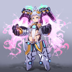 Rule 34 | 1girl, :o, armor, blue eyes, breasts, commentary request, divine arsenal aa-zeus - sky thunder, duel monster, full body, garoudo (kadouhan&#039;i), gauntlets, genderswap, genderswap (mtf), grey background, grey hair, looking at viewer, mecha musume, personification, small breasts, solo, standing, yu-gi-oh!