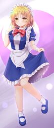 Rule 34 | 1girl, blonde hair, blue dress, blue footwear, blush, closed mouth, clothes lift, crescent, dress, dress lift, frilled dress, frills, full body, highres, lifting own clothes, maid, maid headdress, mugetsu (touhou), natsu (927013), shoes, short hair, short sleeves, socks, solo, touhou, touhou (pc-98), white socks, wrist cuffs, yellow eyes