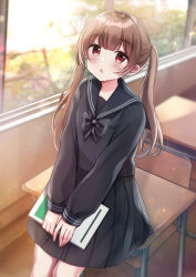 Rule 34 | 1girl, black bow, black sailor collar, black serafuku, black shirt, black skirt, blurry, blurry background, blush, bow, brown hair, chair, commentary request, depth of field, desk, highres, holding, indoors, long sleeves, looking at viewer, minami saki, original, parted lips, pleated skirt, puffy long sleeves, puffy sleeves, red eyes, sailor collar, school chair, school desk, school uniform, serafuku, shirt, skirt, sleeves past wrists, solo, twintails, window