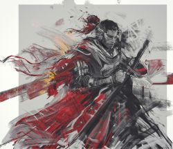 Rule 34 | 1boy, closed mouth, closed eyes, highres, holding, holding sword, holding weapon, katana, male focus, multicolored hair, ponytail, red theme, sekiro, sekiro: shadows die twice, sheath, sheathed, shimhaq, sketch, solo, streaked hair, sword, weapon