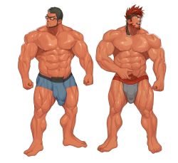 Rule 34 | 2boys, abs, artist request, bara, barefoot, beard, biceps, black hair, blue briefs, blue male underwear, briefs, bulge, facial hair, glasses, grey male underwear, headband, highres, jockstrap, kuromine hiraya, large pectorals, male focus, male underwear, manly, mature male, multiple boys, muscular, muscular male, nipples, no pants, original, pectorals, pubic hair, red eyes, red hair, short hair, simple background, spiked hair, thick arms, thick eyebrows, thick thighs, thighs, tight clothes, topless male, underwear, white background, yellow eyes