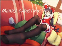Rule 34 | 1girl, animal ears, armpits, arms up, black hair, black thighhighs, blurry, blurry background, blurry foreground, breasts, cat ears, cat tail, christmas, depth of field, detached sleeves, dress, fur trim, green eyes, highres, indoors, karyl (princess connect!), langbazi, long hair, looking at viewer, low twintails, lying, merry christmas, multicolored hair, panties, princess connect!, santa dress, small breasts, solo, streaked hair, striped clothes, striped panties, tail, thighhighs, twintails, underwear