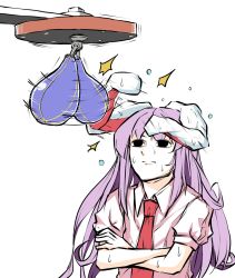 Rule 34 | 1girl, animal ears, black eyes, closed mouth, commentary, crossed arms, highres, long hair, necktie, peroponesosu., prehensile ears, punching bag, purple hair, rabbit ears, red necktie, reisen udongein inaba, shirt, short sleeves, sketch, solo, sweat, touhou, what, white background, white shirt