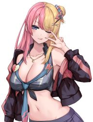 Rule 34 | 1girl, :p, absurdres, armpits, bare shoulders, black jacket, black shirt, black skirt, blonde hair, blue eyes, breasts, cleavage, closed mouth, collarbone, collared shirt, crop top, gyaru, hair ornament, hairclip, hand up, heart, highres, jacket, jewelry, kotoka torahime, kushinaka, large breasts, long hair, long sleeves, looking at viewer, loose necktie, midriff, multicolored hair, navel, necklace, necktie, nijisanji, nijisanji en, off shoulder, one eye closed, one side up, open clothes, open jacket, pink hair, pleated skirt, shirt, simple background, skirt, sleeveless, sleeveless shirt, smile, solo, split-color hair, stomach, tongue, tongue out, two-tone hair, upper body, v, virtual youtuber, white background, x hair ornament
