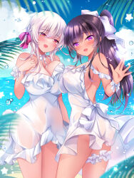 2girls bare_shoulders breasts brown_eyes cleavage cloud cloudy_sky covered_erect_nipples covered_navel dress frilled_garter hair_ribbon hashimoto_karen_(ichiyou_moka) heart heart-shaped_pupils highres ichiyou_moka large_breasts long_hair looking_at_viewer medium_hair multiple_girls navel open_mouth original outdoors ponytail purple_eyes purple_hair purple_ribbon ribbon see-through see-through_dress sideboob sky smile symbol-shaped_pupils takanashi_iori_(ichiyou_moka) water waving white_dress white_hair white_ribbon