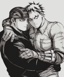 Rule 34 | 2boys, absurdres, aikawa (dorohedoro), arm hug, backwards hat, bara, closed eyes, collared shirt, dorohedoro, facial mark, florbetriz, gloves, greyscale, hand on another&#039;s shoulder, hand on another&#039;s waist, hat, highres, hug, looking to the side, male focus, monochrome, multicolored hair, multiple boys, muscular, muscular male, mutual hug, pectoral docking, pectoral press, risu (dorohedoro), shirt, short hair, sideburns, simple background, upper body, waist hug, yaoi