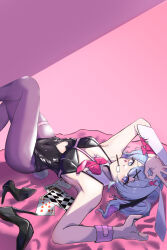Rule 34 | absurdres, arms up, bed, bed sheet, blue hair, bracelet, card, food, ganc4473, hair ornament, hatsune miku, heart, heart-shaped pupils, high heels, highres, holding, holding sheet, jewelry, leotard, looking at viewer, ok sign, playboy bunny, playing card, pocky, rabbit hole (vocaloid), simple background, symbol-shaped pupils, thigh strap, twintails, vocaloid