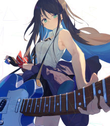 Rule 34 | 1girl, absurdres, aqua eyes, armpits, arms at sides, backlighting, bad id, bad pixiv id, bare arms, black gloves, black hair, black skirt, breasts, buttons, closed mouth, clothes around waist, collared shirt, diagonal-striped ribbon, electric guitar, fender (company), fingerless gloves, fingernails, fisheye, gloves, guitar, highres, holding, holding instrument, holding plectrum, hoshino ichika (project sekai), instrument, light blush, light smile, long hair, medium breasts, mihoranran, pleated skirt, plectrum, project sekai, red ribbon, ribbon, shirt, sideways glance, simple background, skirt, sleeveless, sleeveless shirt, solo, striped, swept bangs, triangle, tsurime, very long hair, white background, white shirt, wrist ribbon