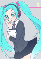 Rule 34 | 1girl, azurite0012, bespectacled, blazer, blue eyes, blue hair, blush, collared shirt, glasses, hand up, hatsune miku, headphones, holding, holding paper, jacket, long hair, necktie, open mouth, paper, pleated skirt, school uniform, shirt, skirt, solo, striped necktie, twintails, very long hair, vocaloid