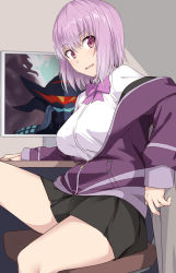 Rule 34 | 1girl, black skirt, bow, breasts, chair, collared shirt, commentary request, computer, desk, gridman universe, indoors, jacket, knee up, large breasts, long sleeves, looking at viewer, off shoulder, office chair, on chair, open clothes, open jacket, pleated skirt, purple bow, purple eyes, purple hair, purple jacket, school uniform, shinjou akane, shirt, shiseki hirame, short hair, sitting, skirt, smile, solo, ssss.gridman, swivel chair, uniform, white shirt
