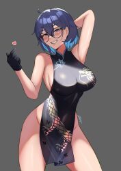 Rule 34 | 1girl, armpits, black dress, black gloves, blue archive, blue eyes, blush, breasts, china dress, chinese clothes, cosplay, dragon print, dress, glasses, gloves, grey background, grin, heart, highres, index finger raised, kisaki (blue archive), kisaki (blue archive) (cosplay), large breasts, looking at viewer, no panties, original, pelvic curtain, round eyewear, short hair, sideboob, smile, solo, teeth, zet (twt zet)