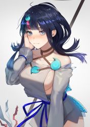 Rule 34 | 1girl, absurdres, bad id, bad pixiv id, bare shoulders, black hair, blue eyes, blue ribbon, blush, breasts, cizzi, closed mouth, collarbone, dress, fate/grand order, fate/requiem, fate (series), highres, japanese clothes, jewelry, large breasts, long sleeves, looking at viewer, magatama, magatama hair ornament, medium hair, multicolored hair, necklace, pelvic curtain, pink hair, polearm, puffy long sleeves, puffy sleeves, ribbon, short dress, sideboob, sideless outfit, smile, spear, streaked hair, utsumi erice, weapon, white dress