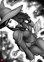Rule 34 | 1girl, absurdres, berserk, black hair, breasts, broom, broom riding, chris re5, cleavage, cleavage cutout, clothing cutout, collarbone, dress, greyscale, hat, highres, jewelry, long hair, long sleeves, looking to the side, monochrome, morda, necklace, parted lips, pouch, purple dress, riding, sitting, solo, staff, witch, witch hat