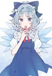 Rule 34 | 1girl, blouse, blue background, blue bow, blue dress, blue eyes, blue hair, bow, bowtie, cirno, closed mouth, collared shirt, dress, eating, hair between eyes, highres, ice, ice wings, looking at viewer, mozukuzu (manukedori), red bow, red bowtie, shirt, short hair, solo, touhou, white background, white shirt, wings