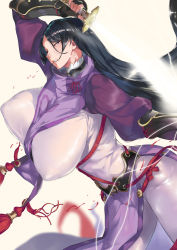 Rule 34 | 1girl, bodysuit, breasts, cleavage, covered erect nipples, fate/grand order, fate (series), fingerless gloves, gloves, highres, huge breasts, impossible clothes, katana, loincloth, long hair, low-tied long hair, minamoto no raikou (fate), ohland, parted bangs, purple bodysuit, purple eyes, purple hair, ribbed sleeves, rope, solo, sword, unaligned breasts, very long hair, weapon