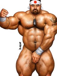 Rule 34 | 1boy, abs, armpit hair, bara, beard stubble, belly, biceps, completely nude, covering crotch, covering privates, cowboy shot, eagle osaka (bar), facial hair, fat, fat man, flexing, flexing pectorals, goatee, hairy, hand hair, headband, japanese flag print, jiraiya (mangaka), large pectorals, looking at viewer, male focus, mature male, muscular, muscular male, mustache, navel, navel hair, nipples, nude, original, pectorals, promotional art, pubic hair, pubic hair peek, realistic, short hair, shoulder tattoo, solo, sparse chest hair, standing, stomach, strongman waist, stubble, tattoo, thick arm hair, thick eyebrows, thick leg hair, thick navel hair, thick thighs, thighs, triceps, very hairy