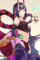Rule 34 | 1girl, chinese clothes, choker, creature, crop top, dudou, echo (circa), fate/grand order, fate (series), fundoshi, horns, japanese clothes, midriff, navel, panties, purple hair, revealing clothes, rope, shimenawa, shuten douji (fate), shuten douji (fate/grand order), shuten douji (halloween caster) (fate), solo, underwear