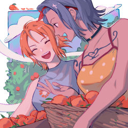 Rule 34 | 2girls, bare shoulders, basket, blue hair, blue sky, chest tattoo, choker, cloud, cloudy sky, earrings, food, fruit, headband, highres, holding, holding basket, jewelry, looking at another, mandarin orange, multiple girls, nami (one piece), nojiko, one piece, open mouth, orange hair, outdoors, short hair, siblings, sisters, sky, sleeveless, tattoo, towne, tree, upper body