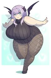 Rule 34 | 1girl, absurdres, agano mai, aqua background, aqua eyes, black wings, blush, border, breasts, brown pantyhose, diamond-shaped pupils, diamond (shape), fat, fishnet pantyhose, fishnets, full body, hair between eyes, hair intakes, heart, highres, horns, huge breasts, indie virtual youtuber, lips, long hair, looking at viewer, mini wings, morningpanda, open hands, outside border, outstretched arms, pantyhose, parted lips, purple hair, red nails, shadow, solo, sweater, symbol-shaped pupils, thick arms, thick thighs, thighs, turtleneck, turtleneck sweater, virtual youtuber, white border, white hair, wings