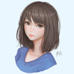Rule 34 | 1girl, 2017, blue background, blue shirt, brown eyes, brown hair, closed mouth, collarbone, dated, eyelashes, eyeliner, geo siador, lips, looking at viewer, makeup, medium hair, nose, original, pink lips, portrait, shirt, short hair, signature, simple background, solo