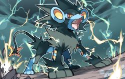 Rule 34 | bright pupils, colored sclera, commentary request, creatures (company), electricity, fangs, from below, game freak, gen 4 pokemon, hyou (hyouga617), luxray, nintendo, no humans, open mouth, pokemon, pokemon (creature), red sclera, solo, standing, tongue, white pupils, yellow eyes