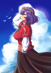 Rule 34 | 1girl, bird, blue sky, breasts, brown skirt, closed mouth, cloud, from side, hair ornament, hand on own hip, highres, large breasts, layered sleeves, leaf hair ornament, long sleeves, mirror, murasaki tsutsuji, nail polish, outdoors, purple hair, purple nails, red eyes, red shirt, rope, shirt, short hair, short over long sleeves, short sleeves, skirt, sky, smile, solo, standing, touhou, yasaka kanako