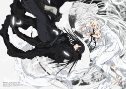 Rule 34 | 2boys, allen walker, barefoot, black hair, black jacket, body markings, boots, chain, closed eyes, cuffs, d.gray-man, facial mark, falling feathers, feathers, foot out of frame, full body, grey pants, hair between eyes, hand on own shoulder, handcuffs, highres, jacket, jewelry, kanda yuu, long hair, long jacket, male focus, marking on cheek, multiple boys, pants, parted lips, pelvic curtain, pendant, red eyes, shirt, sleeveless, sleeveless shirt, tsukini shigure, waist cape, white hair, white pants, white shirt