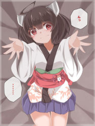 Rule 34 | 1girl, ahoge, ao (aoblueao), bed sheet, black hair, blue skirt, blush, closed mouth, eyes visible through hair, hair over one eye, headgear, highres, japanese clothes, jewelry, kimono, long sleeves, looking at viewer, lying, obi, on back, outstretched arms, pleated skirt, reaching, reaching towards viewer, red eyes, ring, sash, skirt, solo, touhoku kiritan, translation request, twintails, voiceroid, white kimono, wide sleeves