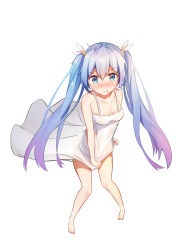 Rule 34 | 1girl, :t, bare arms, bare legs, bare shoulders, barefoot, black panties, blue eyes, blue hair, blush, breasts, cleavage, closed mouth, collarbone, covering privates, covering crotch, dress, dress tug, hair between eyes, hair ribbon, hatsune miku, highres, long hair, medium breasts, mobu (wddtfy61), nose blush, panties, pout, ribbon, see-through, sleeveless, sleeveless dress, solo, standing, twintails, underwear, very long hair, vocaloid, wavy mouth, white background, white dress, white ribbon