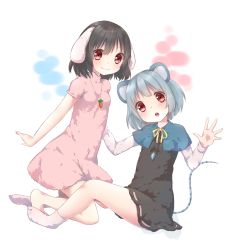 Rule 34 | 2girls, animal ears, bad id, bad pixiv id, barefoot, black hair, rabbit ears, feet, grey hair, highres, inaba tewi, mouse ears, mouse tail, multiple girls, nazrin, no shoes, open hand, open mouth, red eyes, rima (rimarip), short hair, socks, tail, touhou