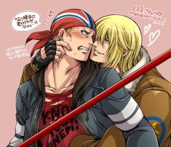 Rule 34 | 2boys, billy kane, blonde hair, blue eyes, blush, bomber jacket, clothes writing, earrings, english text, fatal fury, fingerless gloves, gloves, hand on another&#039;s face, highres, jacket, jewelry, looking at another, male focus, miru (mill 36), multiple boys, terry bogard, translation request, yaoi