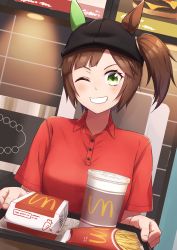 Rule 34 | absurdres, animal ears, backwards hat, brand name imitation, breasts, brown hair, collared shirt, diagonal bangs, dutch angle, ear covers, food, freckles, green eyes, grin, hair through headwear, hat, highres, horse ears, horse girl, horse tail, indoors, ines fujin (umamusume), looking at viewer, polo shirt, product placement, red shirt, row (kentaro 0904), shirt, short sleeves, side ponytail, single ear cover, smile, tail, tray, umamusume, upper body, visor cap
