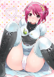 Rule 34 | 1girl, akina tsukako, bad id, bad pixiv id, blush, boots, breasts, cameltoe, cheria barnes, cross-laced footwear, heart, knee boots, large breasts, legs, official alternate costume, panties, pantyshot, pink eyes, pink hair, polka dot, polka dot background, short hair, sitting, skirt, solo, spread legs, tales of (series), tales of graces, thighs, underwear, upskirt, white background, white panties