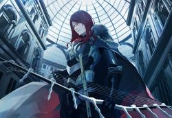 Rule 34 | armor, bow (weapon), cape, closed mouth, commentary request, fate/grand order, fate (series), fur trim, gloves, hair between eyes, knights of the round table (fate), long hair, looking at viewer, red hair, sei 8220, tristan (fate), weapon, white cape, yellow eyes
