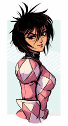 Rule 34 | &gt;:), 1girl, animification, black hair, breasts, brown eyes, dave rapoza, from side, hair between eyes, highres, kimberly ann hart, medium breasts, mighty morphin power rangers, pink ranger, power rangers, short hair, smile, solo, spiked hair, upper body, watermark, web address