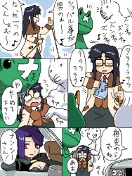 Rule 34 | 00s, 2girls, black hair, blush, blush stickers, breasts, car, character request, cleavage, comic, glasses, large breasts, lowres, motor vehicle, multiple girls, nancy makuhari, opaque glasses, purple hair, read or die, red eyes, speech bubble, translation request, yomiko readman, you gonna get raped