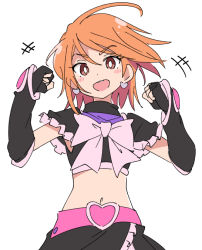 Rule 34 | 1girl, :d, black gloves, blush stickers, brown eyes, clenched hands, commentary request, cure black, earrings, fingerless gloves, futari wa precure, gloves, heart, heart earrings, ixy, jewelry, magical girl, midriff, misumi nagisa, navel, open mouth, orange hair, precure, short hair, simple background, smile, solo, white background