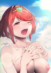Rule 34 | 1girl, absurdres, blush, breasts, cloud, hands on own chest, highres, large breasts, lens flare, nipples, one eye closed, open mouth, pyra (xenoblade), red eyes, red hair, short hair, signature, sky, solo, suggestive fluid, swept bangs, tears, tiara, upper body, water drop, wet, xenoblade chronicles (series), xenoblade chronicles 2, zhan bu