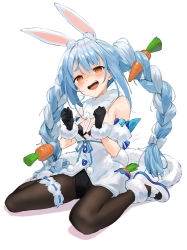 Rule 34 | 1girl, :d, animal ear fluff, animal ears, arm garter, black gloves, black leotard, black pantyhose, blue hair, bow, braid, breasts, carrot hair ornament, commentary request, don-chan (usada pekora), dress, food-themed hair ornament, full body, fur-trimmed dress, fur-trimmed gloves, fur scarf, fur trim, furrowed brow, gloves, gotou (nekocat), hair ornament, hair ribbon, hololive, leotard, long hair, looking at viewer, multicolored hair, open mouth, pantyhose, pom pom (clothes), rabbit ears, rabbit girl, rabbit tail, ribbon, shaded face, shoes, signature, simple background, sitting, small breasts, smile, solo, strapless, strapless dress, streaked hair, tail, thick eyebrows, thigh strap, tress ribbon, twin braids, twintails, two-tone hair, usada pekora, usada pekora (1st costume), virtual youtuber, wariza, white background, white bow, white dress, white footwear, white hair