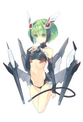 Rule 34 | 10s, 1girl, android, bare shoulders, black hair, breasts, cable, cable tail, cropped legs, dimension w, elbow gloves, fingerless gloves, frills, gloves, green eyes, green hair, hand on own chest, headgear, highres, looking at viewer, machinery, matching hair/eyes, mechanical tail, multicolored hair, navel, primrose, short hair, simple background, small breasts, smile, solo, streaked hair, tail, two-tone hair, white background, yurizaki mira