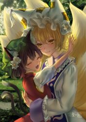 Rule 34 | 2girls, :3, :d, animal ear fluff, animal ears, blonde hair, blue tabard, blush, breasts, brown hair, cat ears, cat tail, chen, closed mouth, commentary request, daisy, day, dress, fang, fingernails, flower, fox ears, fox tail, gold trim, green headwear, hair between eyes, hair flower, hair ornament, happy, hat, hat flower, height difference, highres, hug, light smile, looking at another, mob cap, multiple girls, multiple tails, nail polish, nekomata, open mouth, outdoors, petite, puffy short sleeves, puffy sleeves, red nails, red vest, sharp fingernails, short hair, short sleeves, sidelighting, skin fang, small breasts, smile, tabard, tail, touhou, two tails, vest, white dress, white flower, yakumo ran, yellow eyes, yuri, yuuren kyouko