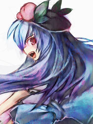 Rule 34 | 1girl, blue hair, female focus, food, fruit, hat, hinanawi tenshi, long hair, looking back, open mouth, peach, red eyes, simple background, solo, touhou, ukyo rst, white background
