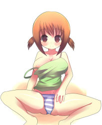 Rule 34 | 00s, 10s, blush, breasts, brown eyes, brown hair, cleavage, convenient censoring, hinako (issho ni training), issho ni training, large breasts, looking at viewer, no bra, off shoulder, panties, short hair, short twintails, smile, strap slip, striped clothes, striped panties, twintails, underwear