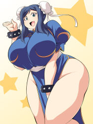 Rule 34 | 1girl, aqua eyes, blue hair, bracer, breasts, capcom, chinese clothes, chun-li, cosplay, curvy, female focus, gundam, gundam build fighters, hair bun, huge breasts, iori rinko, long hair, looking at viewer, mature female, no panties, open mouth, pantyhose, plump, single hair bun, smile, solo, standing, street fighter, sunrise (company), thick thighs, thighs, uccow, wide hips