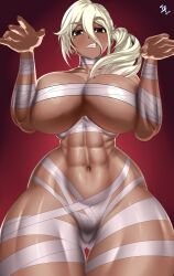 1girl abs arcedo bandages black_eyes blonde_hair breasts cleavage dark-skinned_female dark_skin gradient_background groin highres mole mole_on_breast mole_under_eye mummy_costume naked_bandage nude original ponytail teeth twitter