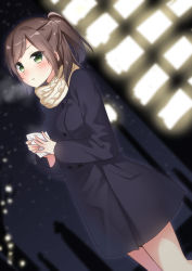 Rule 34 | 1girl, :t, black coat, blush, brown hair, brown scarf, building, closed mouth, coat, dutch angle, glowing, green eyes, holding, long hair, looking at viewer, masuishi kinoto, night, night sky, original, outdoors, ponytail, pout, scarf, sidelocks, sky, solo, standing, star (sky), starry sky, swept bangs
