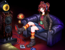Rule 34 | 00s, 1girl, boots, candy, couch, efyuru, food, green eyes, headphones, idolmaster, idolmaster (classic), idolmaster 1, jacket, leather, leather jacket, living room, lollipop, mouth hold, multicolored clothes, multicolored legwear, red hair, room, sitting, skirt, socks, solo, speaker, striped clothes, striped socks, takatsuki yayoi, twintails