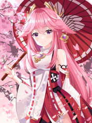 Rule 34 | 1girl, absurdres, animal ears, bare shoulders, branch, breasts, cherry blossoms, closed mouth, commentary, cowboy shot, earrings, english commentary, floral print, flower, fox ears, full body, genshin impact, hair between eyes, highres, japanese clothes, jewelry, large breasts, long hair, looking at viewer, miko, najwa ibrahimi, necklace, obiage, oil-paper umbrella, petals, pink hair, priestess, purple eyes, ribbon-trimmed sleeves, ribbon trim, smile, solo, thighs, tree, umbrella, wide sleeves, yae miko